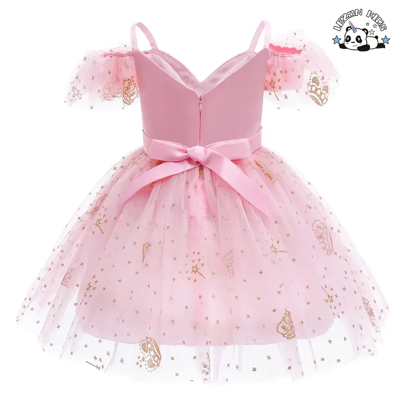 LEZONKIDS - Vestido de Menina Cor Sólida Roupas Infantis Coroa Lantejoulas Saia de Princesa Malha de Gaze Saia